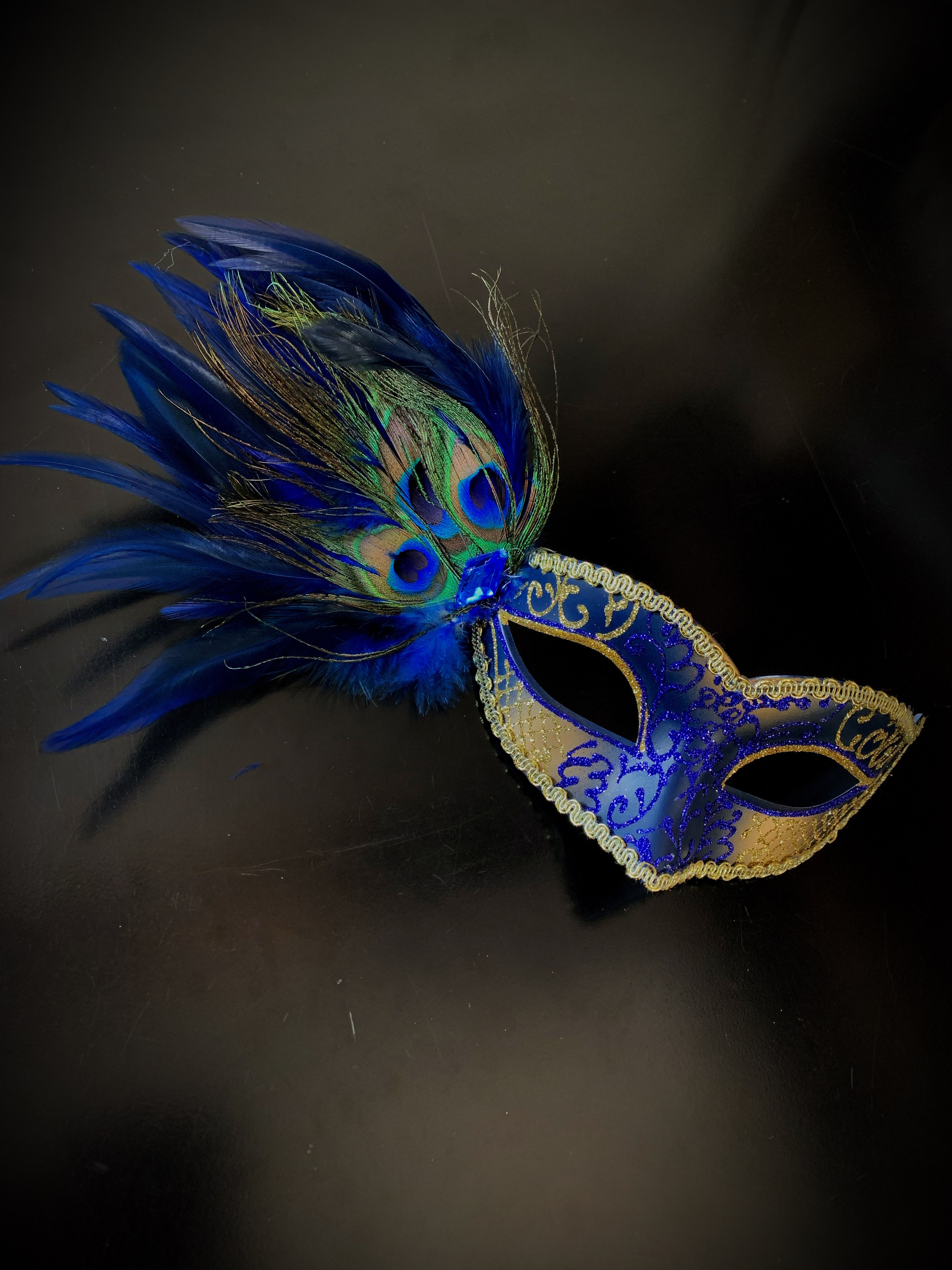 Peacock Feather Venetian Masquerade Mask for Women - Black Blue