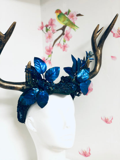 Deer Antler Mythical Headdress with Blue Leaves