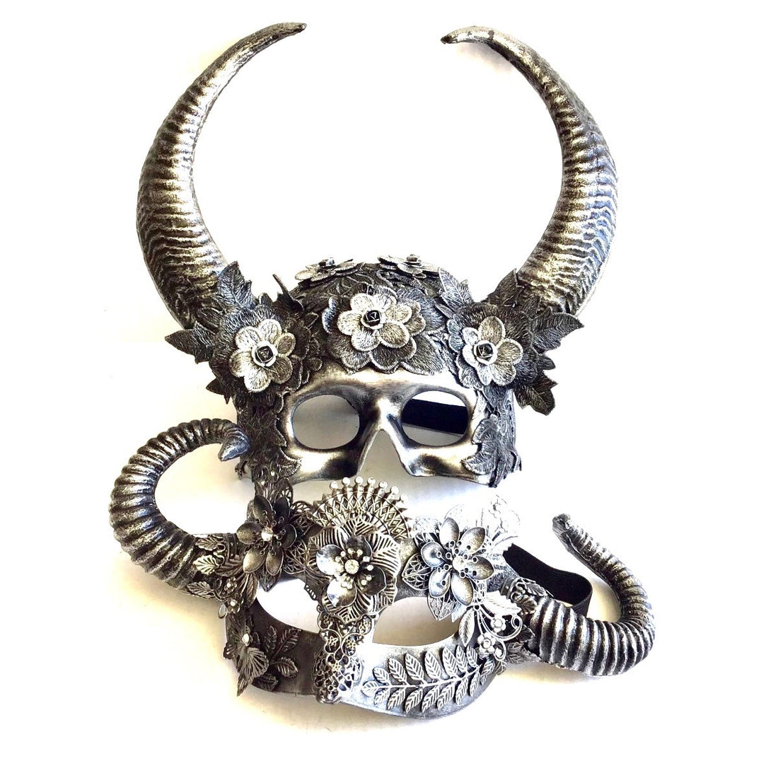 Silver Mythological Creatures masquerade masks for couples with floral details