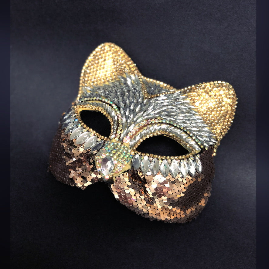 Rhinestone Therian Cat Mask - Gold