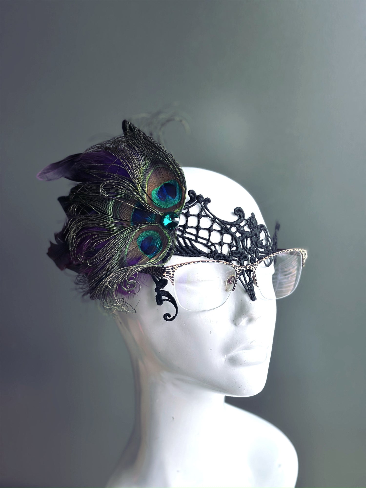 Eyeglass Mask - Purple &amp; Peacock Feathers