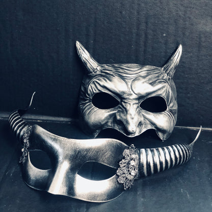 Couples Silver Horned Masquerade Masks