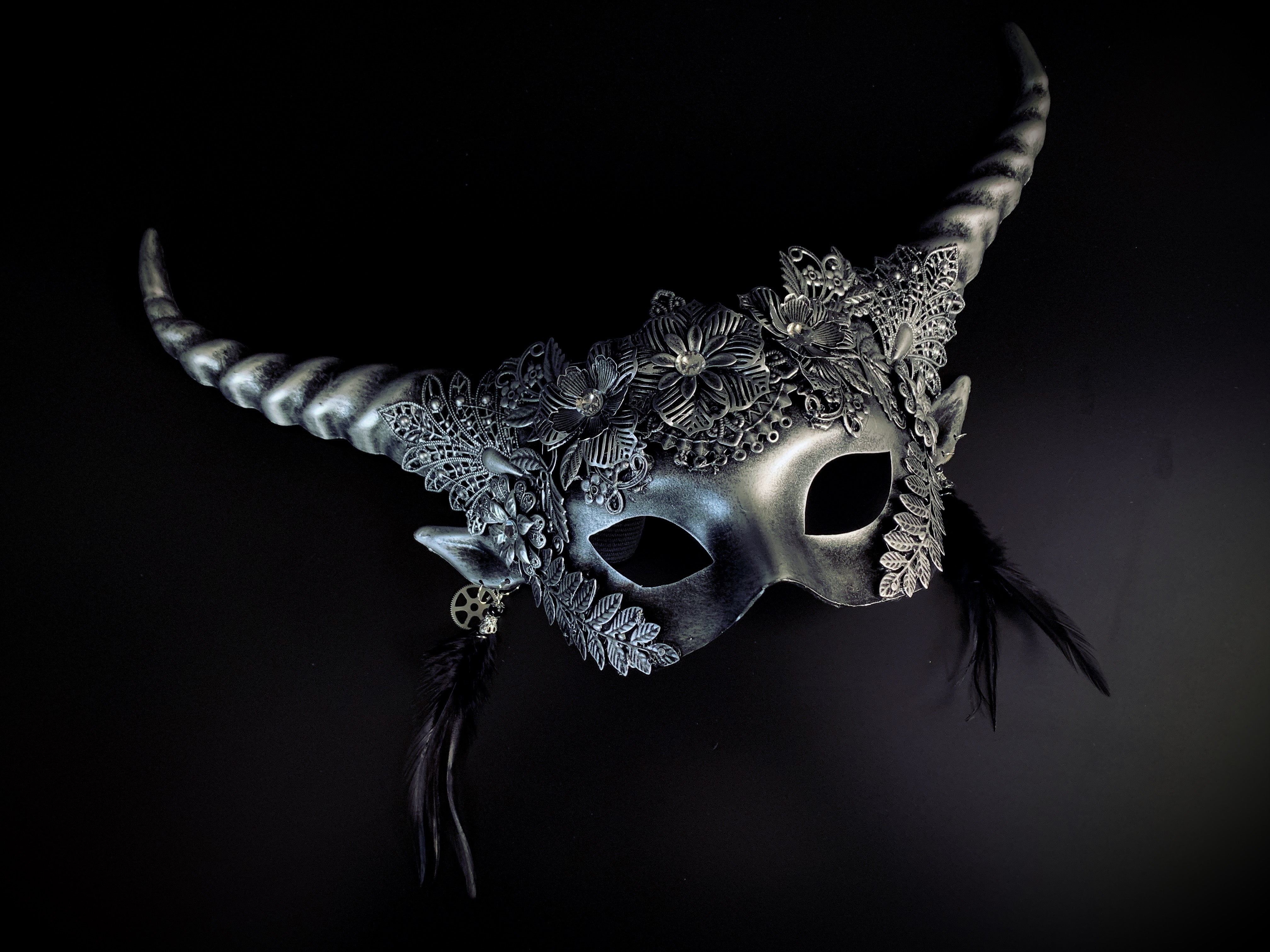 Horn White Face Mask good With Sequins | Gothic Black Horn Mask | TV Show Stage Mask