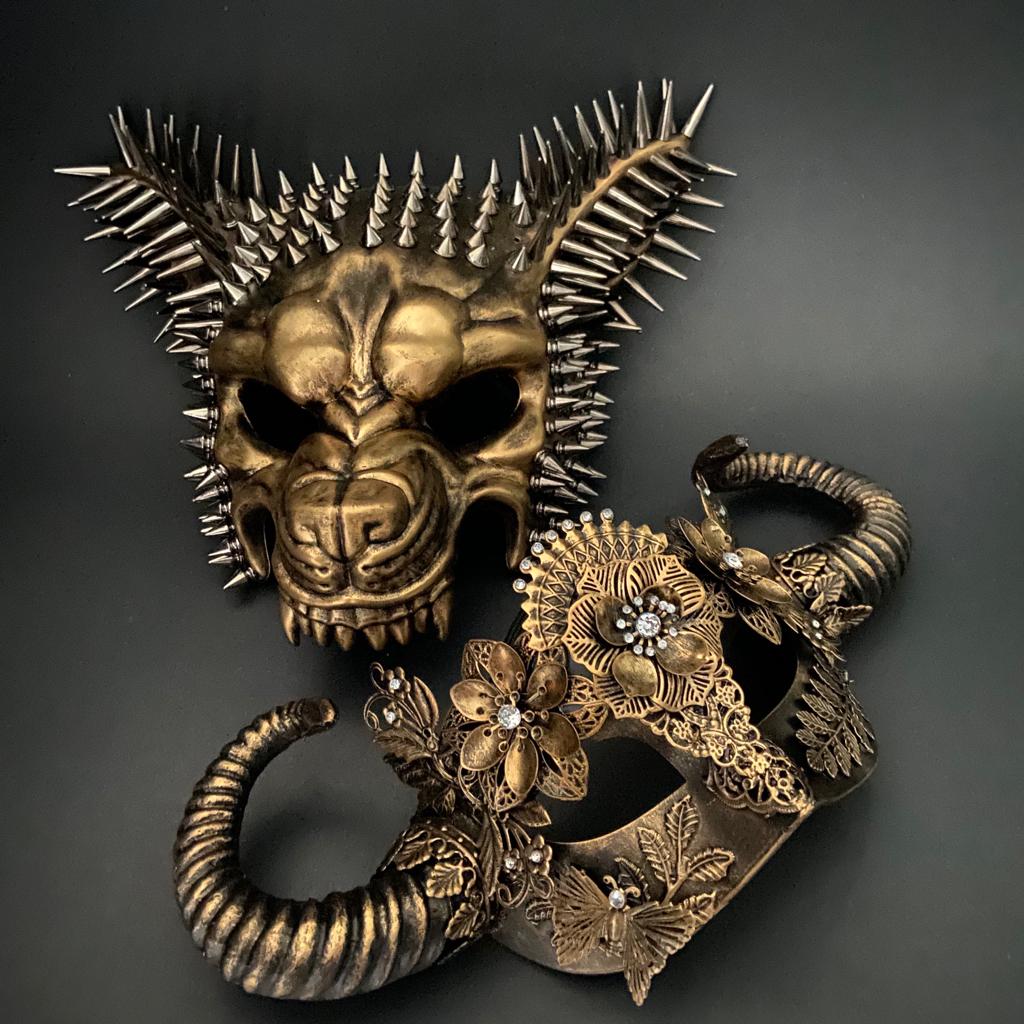 Mythical Golden Couples Masks with spikes and ornate filigree