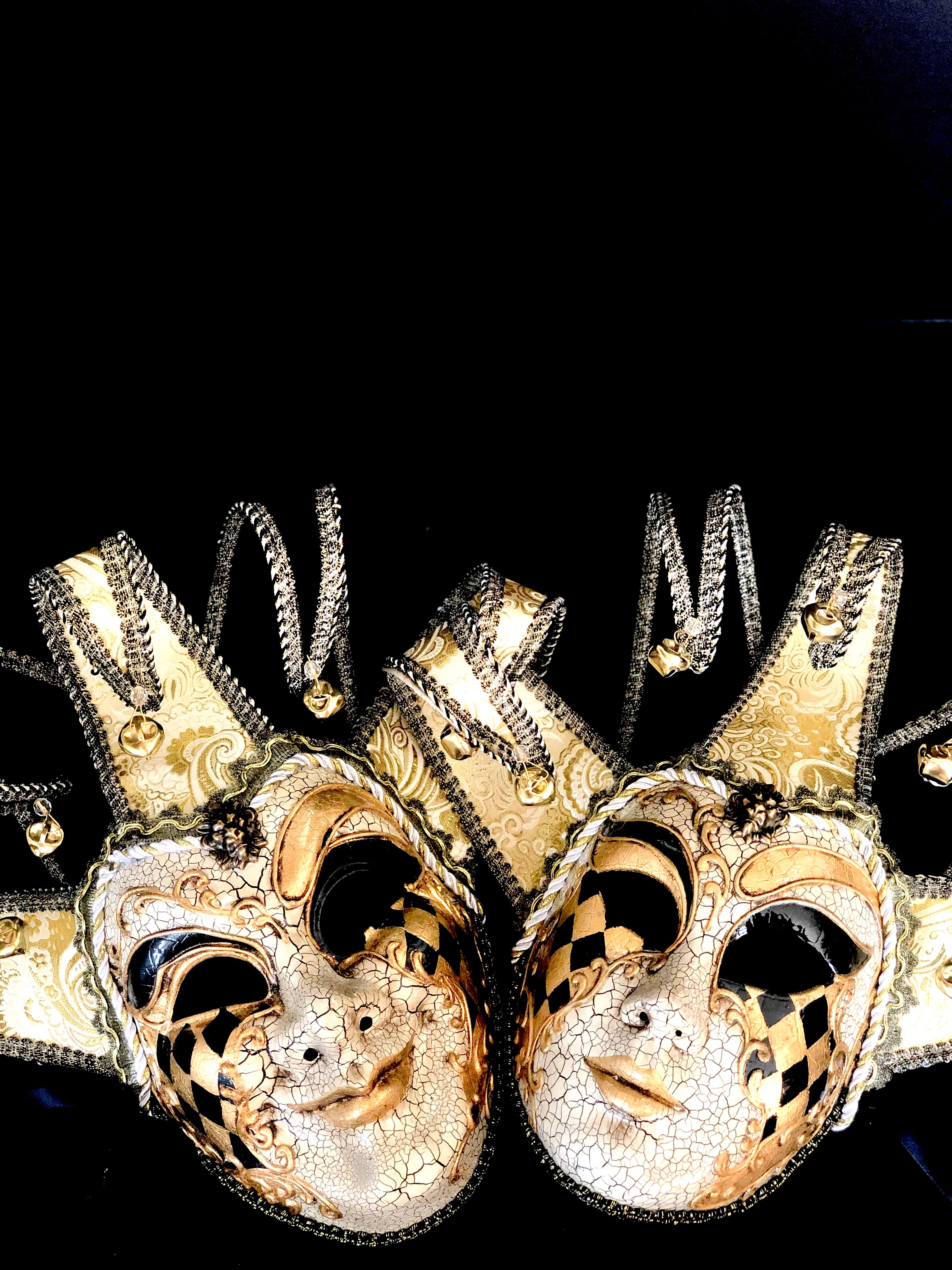 Venetian Jester Mask Pair in Gold and Ivory