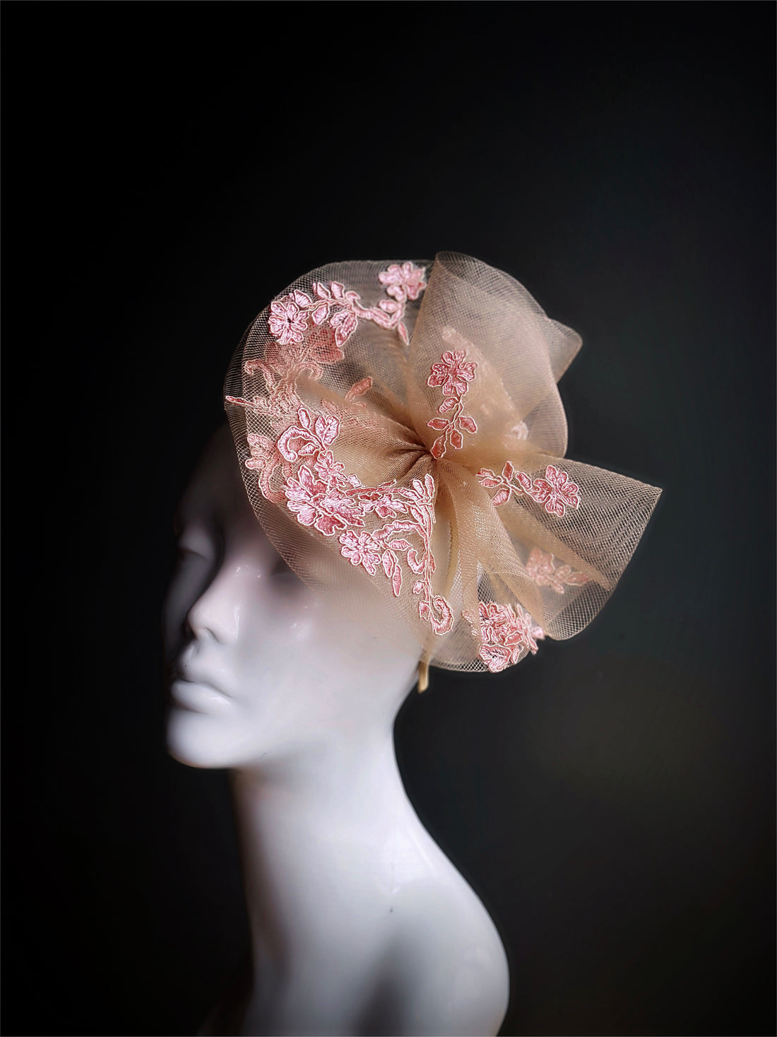 Gold tulle fascinator base with pink floral lace on a headband.