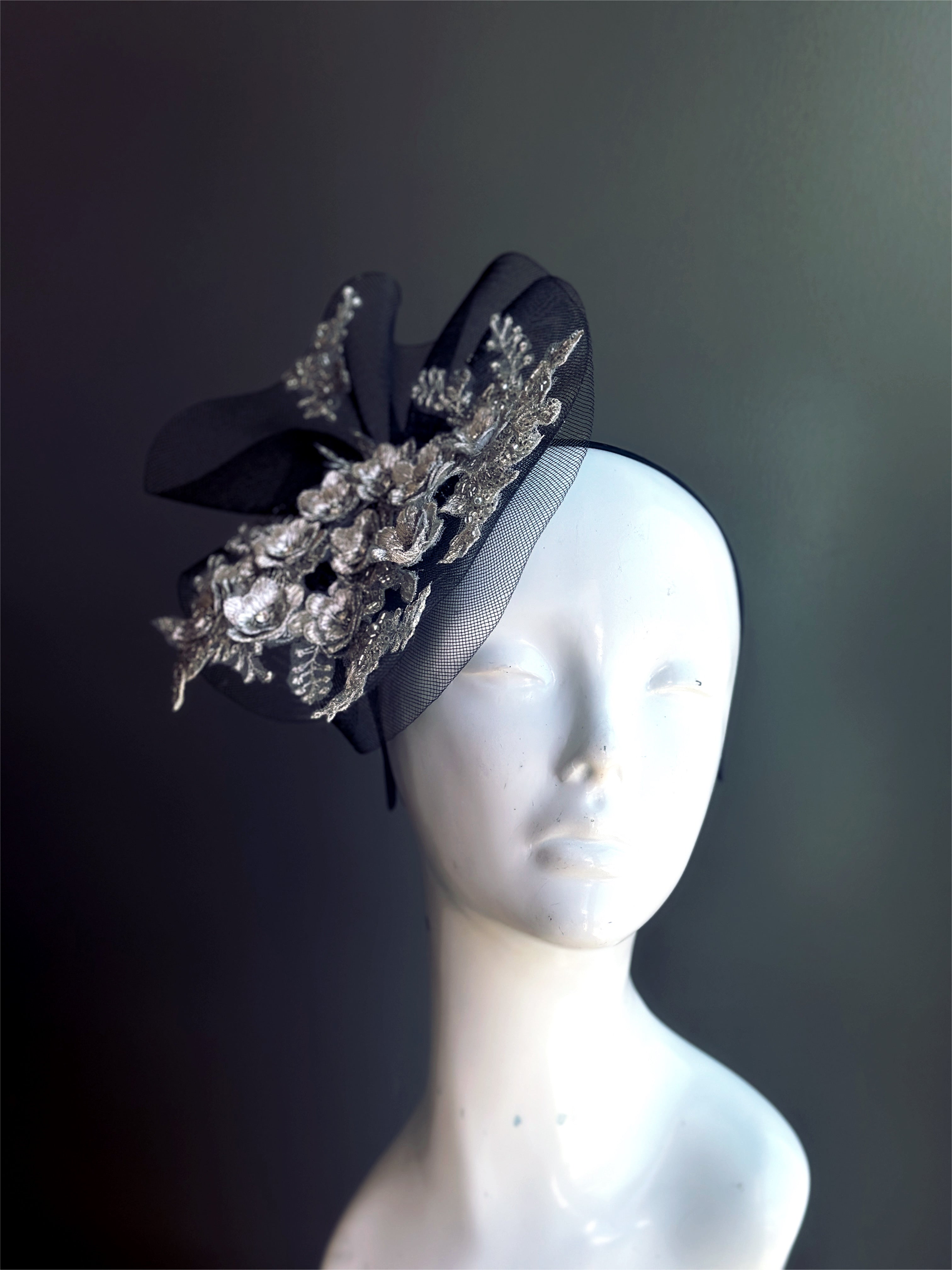 Silver Grey Grand Dame offers Fascinator Hat for Kentucky Derby, Weddings and Christmas Parties on a Headband