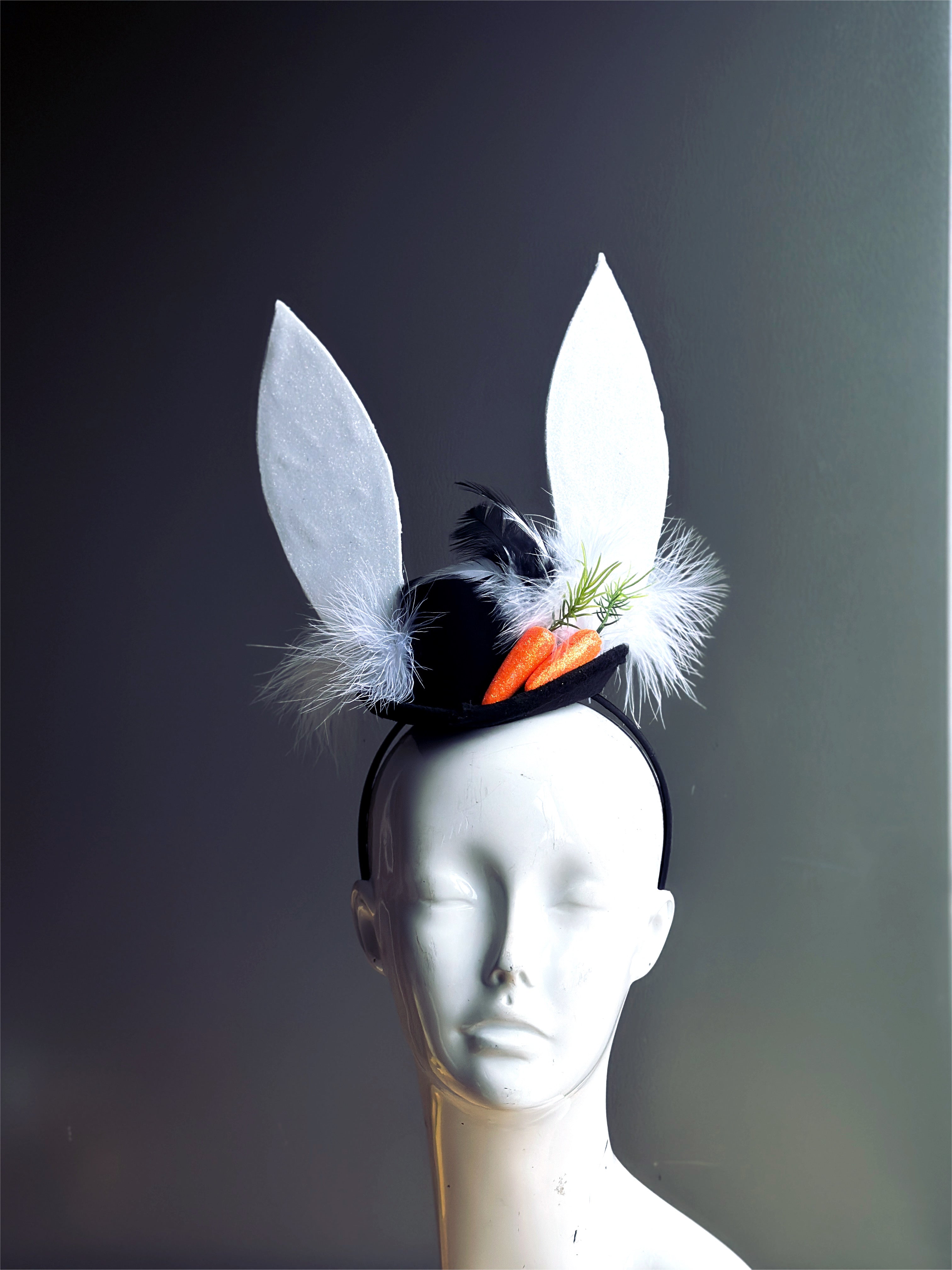 Fascinator Hat Rabbit Ears White Black Carrots Masquerade Store