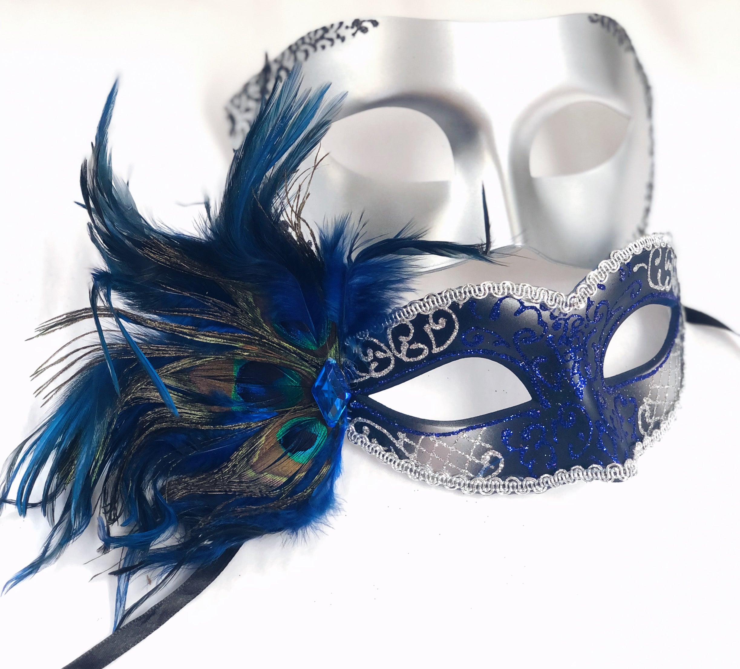 Silver and Black Couples Masquerade Mask Set with Feathers