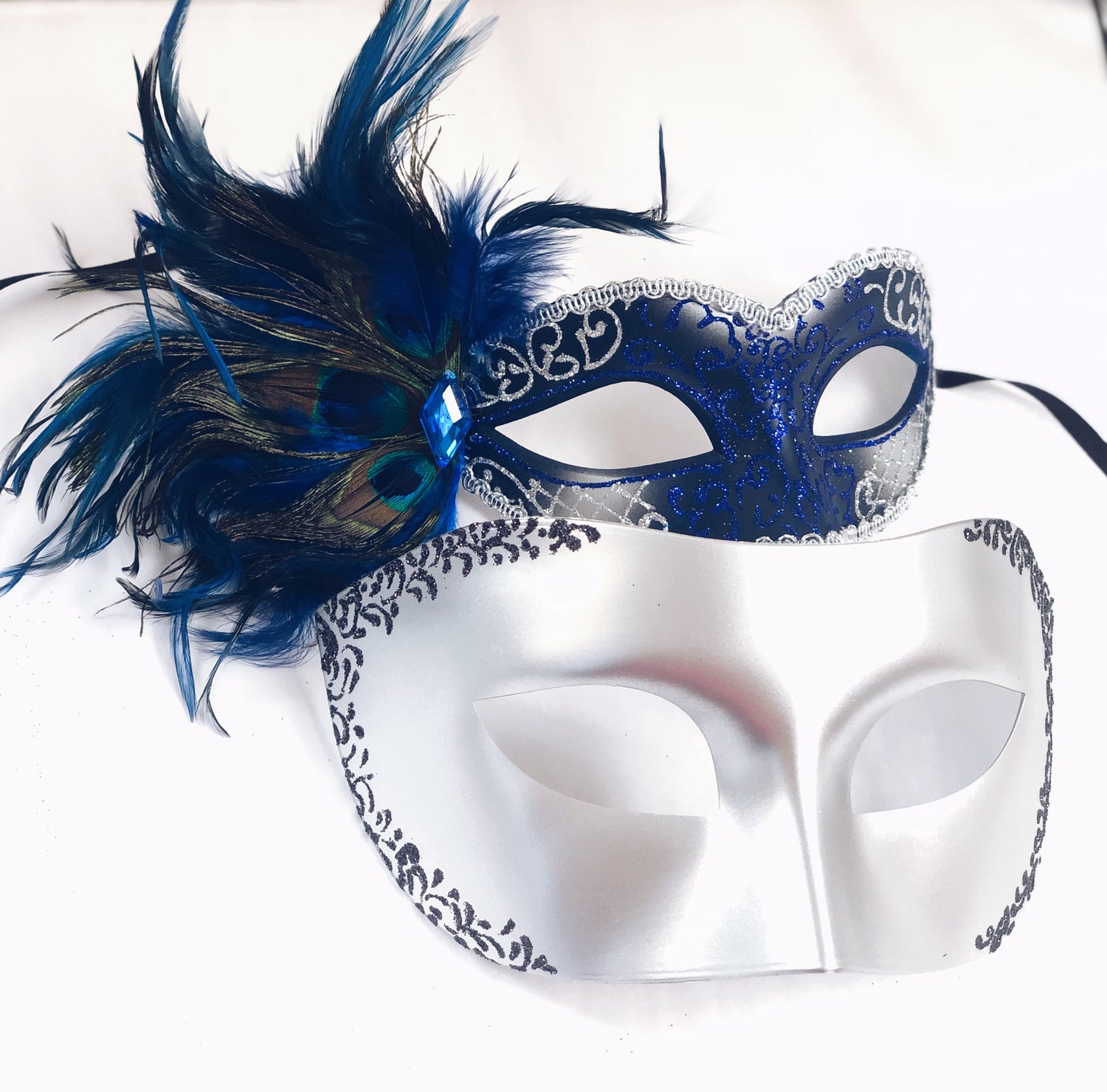 Silver and Black Couples Masquerade Mask Set with Feathers