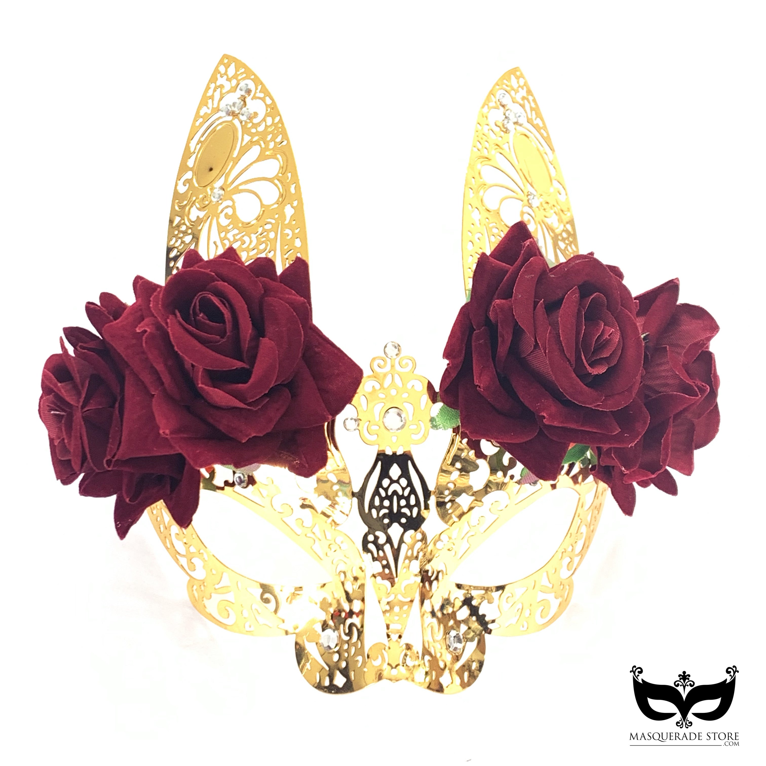 Metal Bunny Mask -Gold/Red Rose