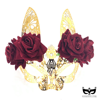 Metal Bunny Mask -Gold/Red Rose