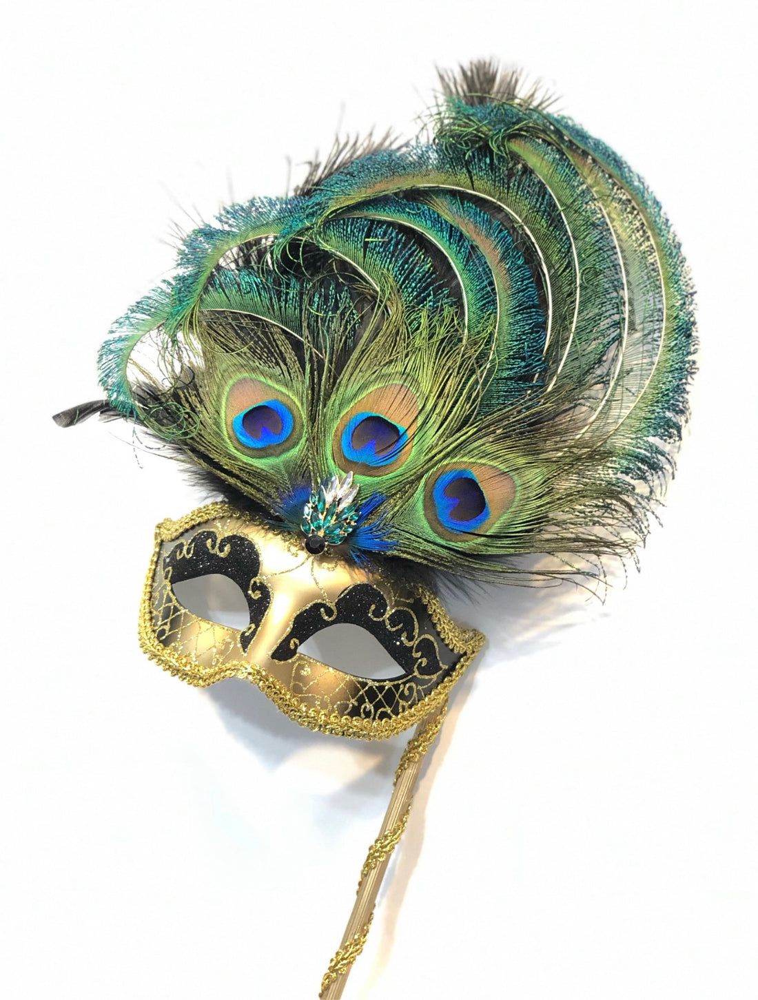 Handheld Gold Mask - Peacock Gallore