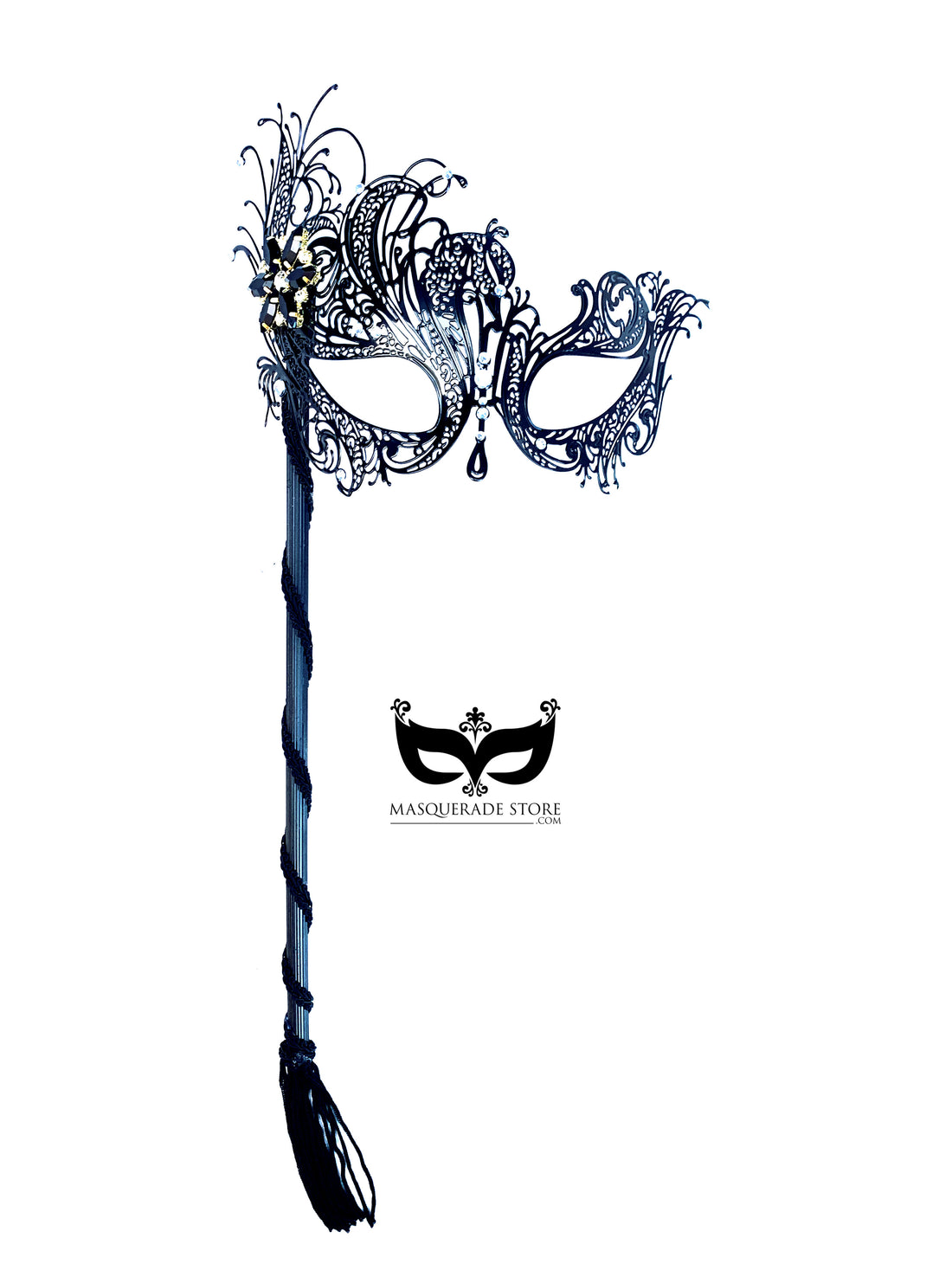 Handheld Black Metal Mask with Filigree and Brooch