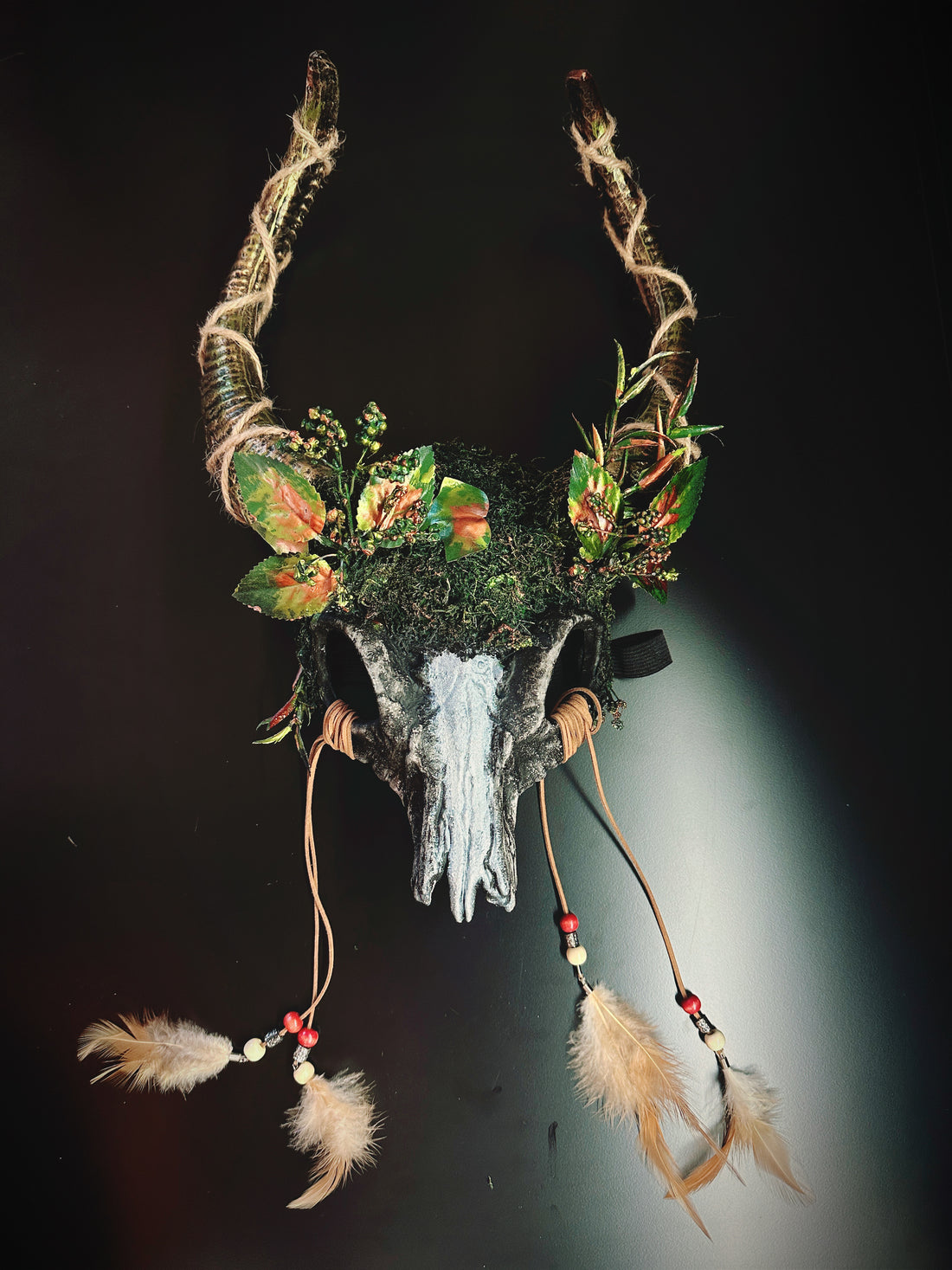Woodland Spirit Mask Ram horn skull head dress with moss and leaves.
