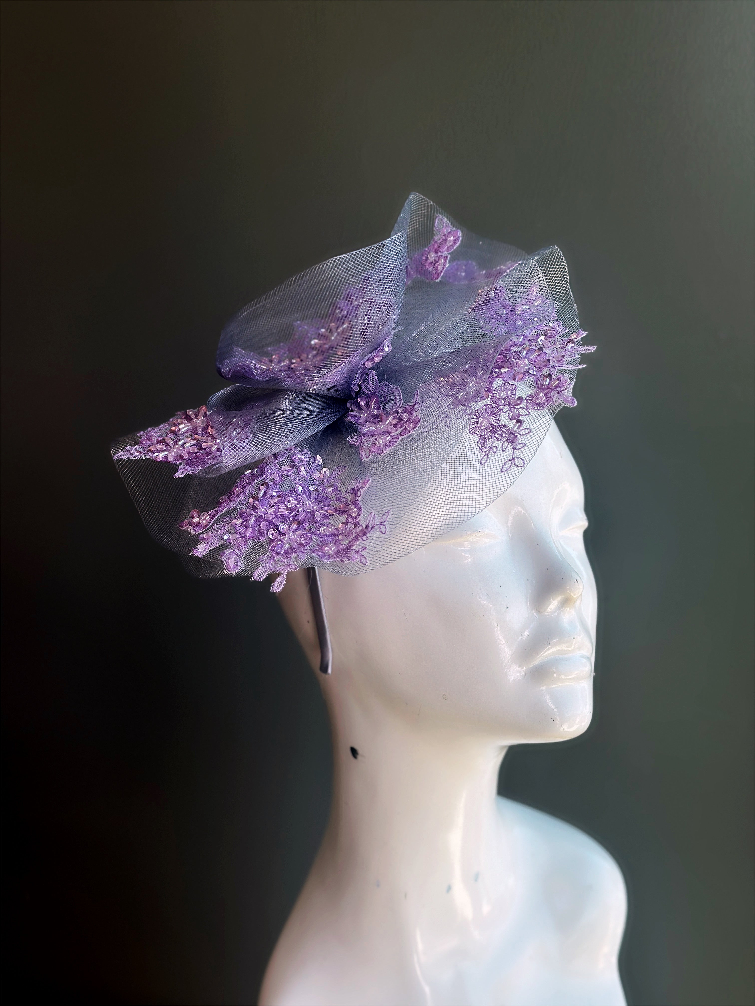 Fascinator Hat Flower Headpiece Purple Silver Lace Masquerade Store