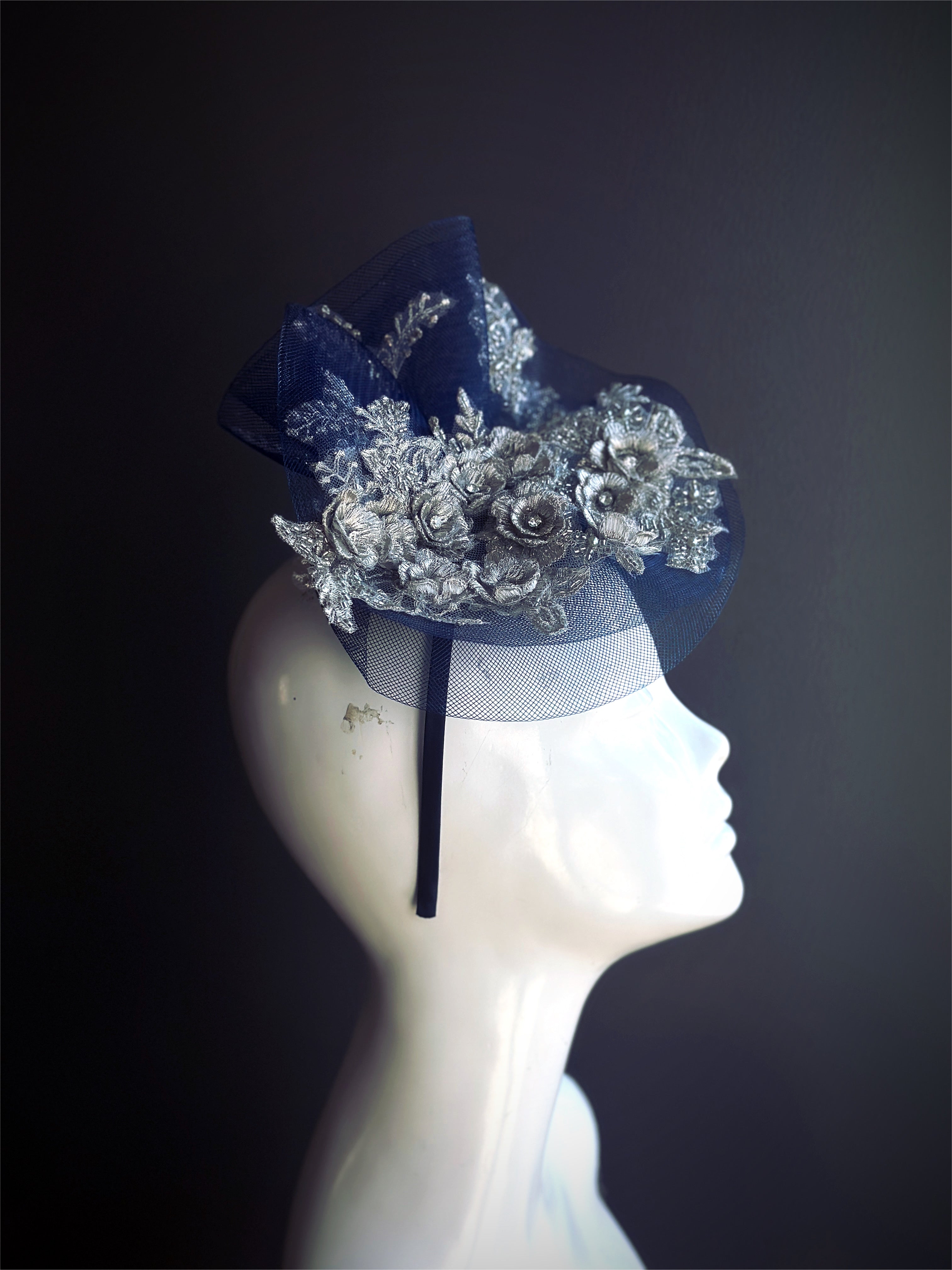 Navy Blue outlet Fascinator with Silk Accent