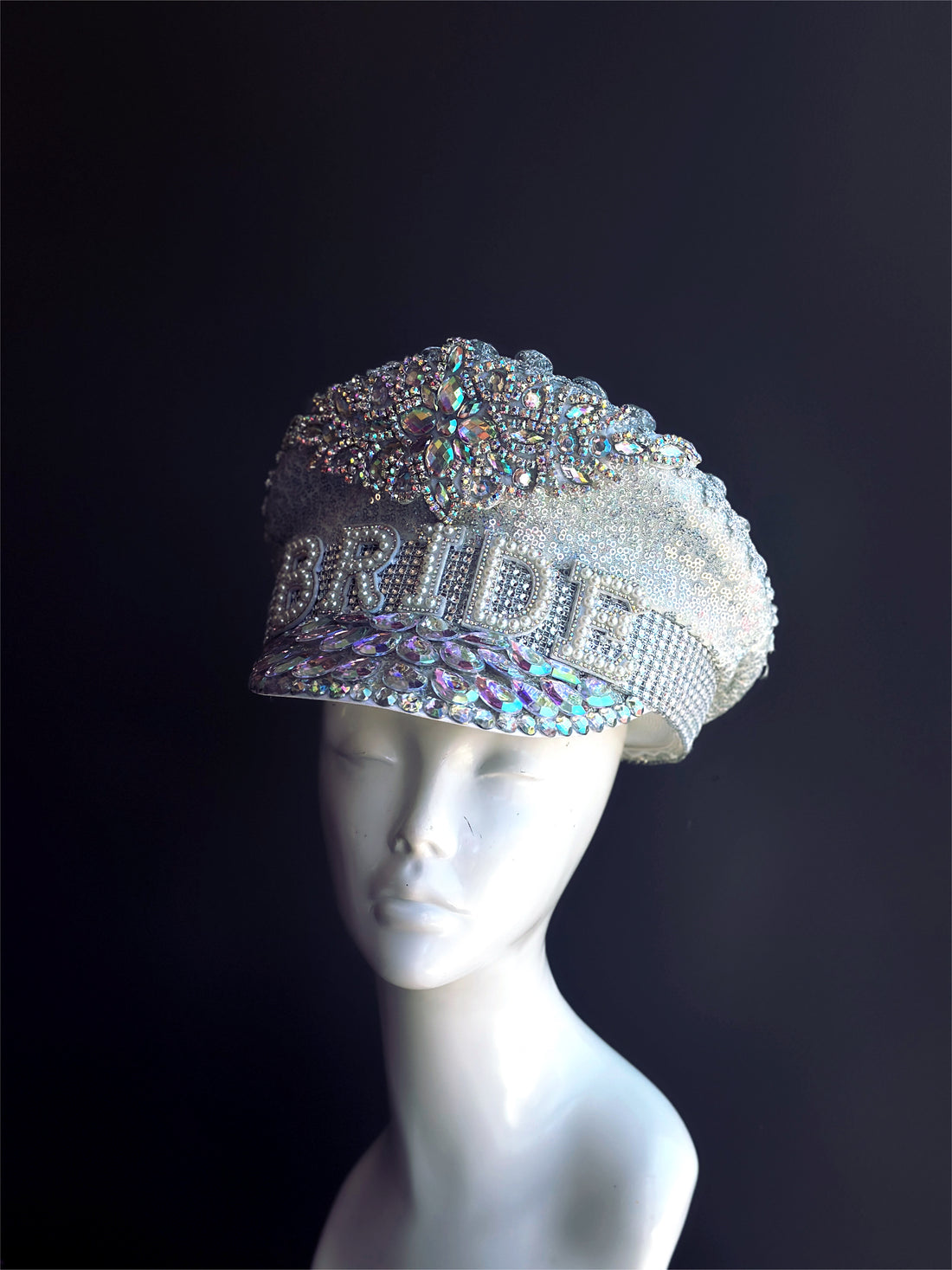 captains hat with silver sequins, iridescent crystals, and pearls with &quot;bride&quot; on the front.