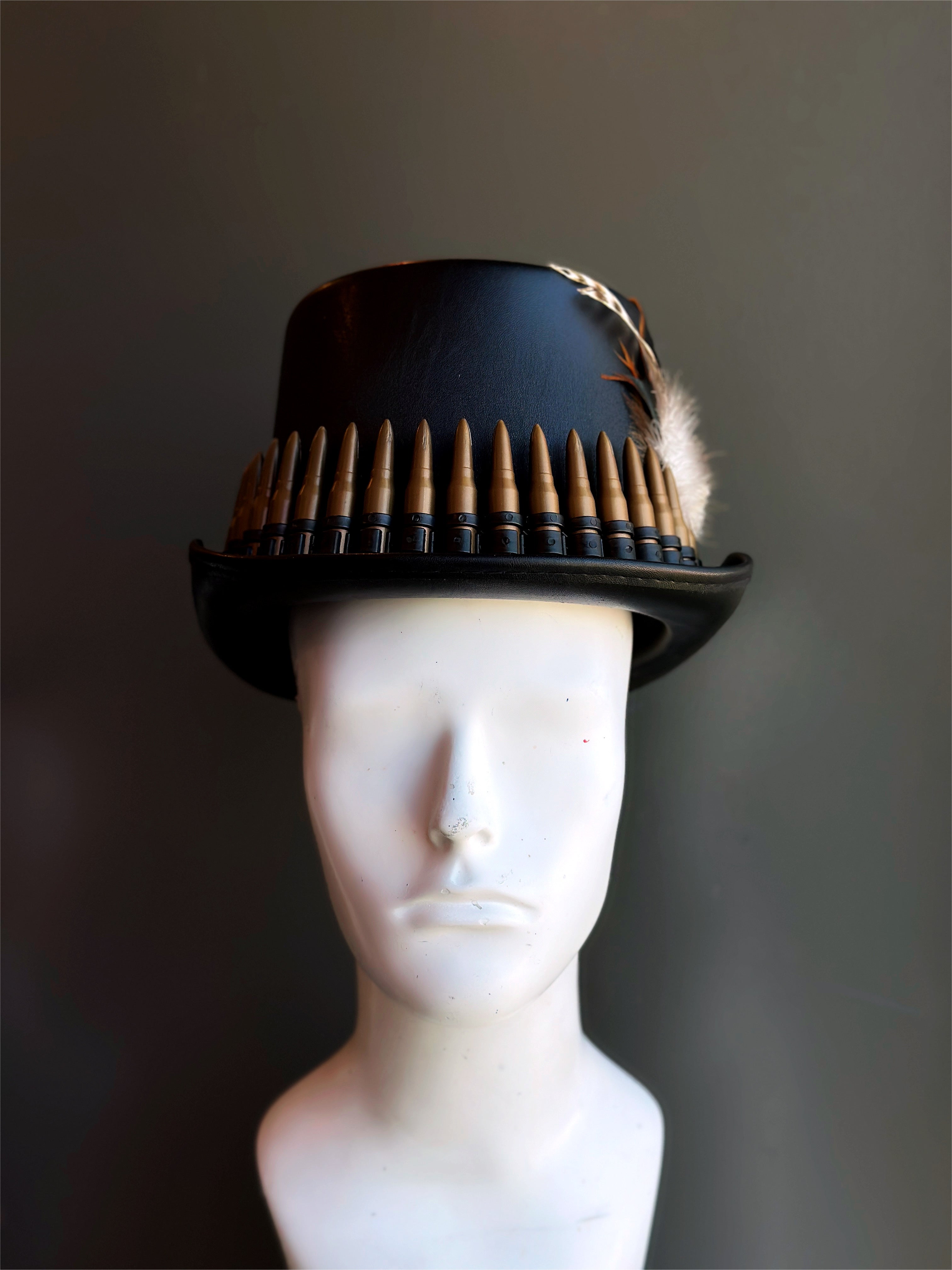 Bullet Band Steampunk Top Hat - Feathered Design