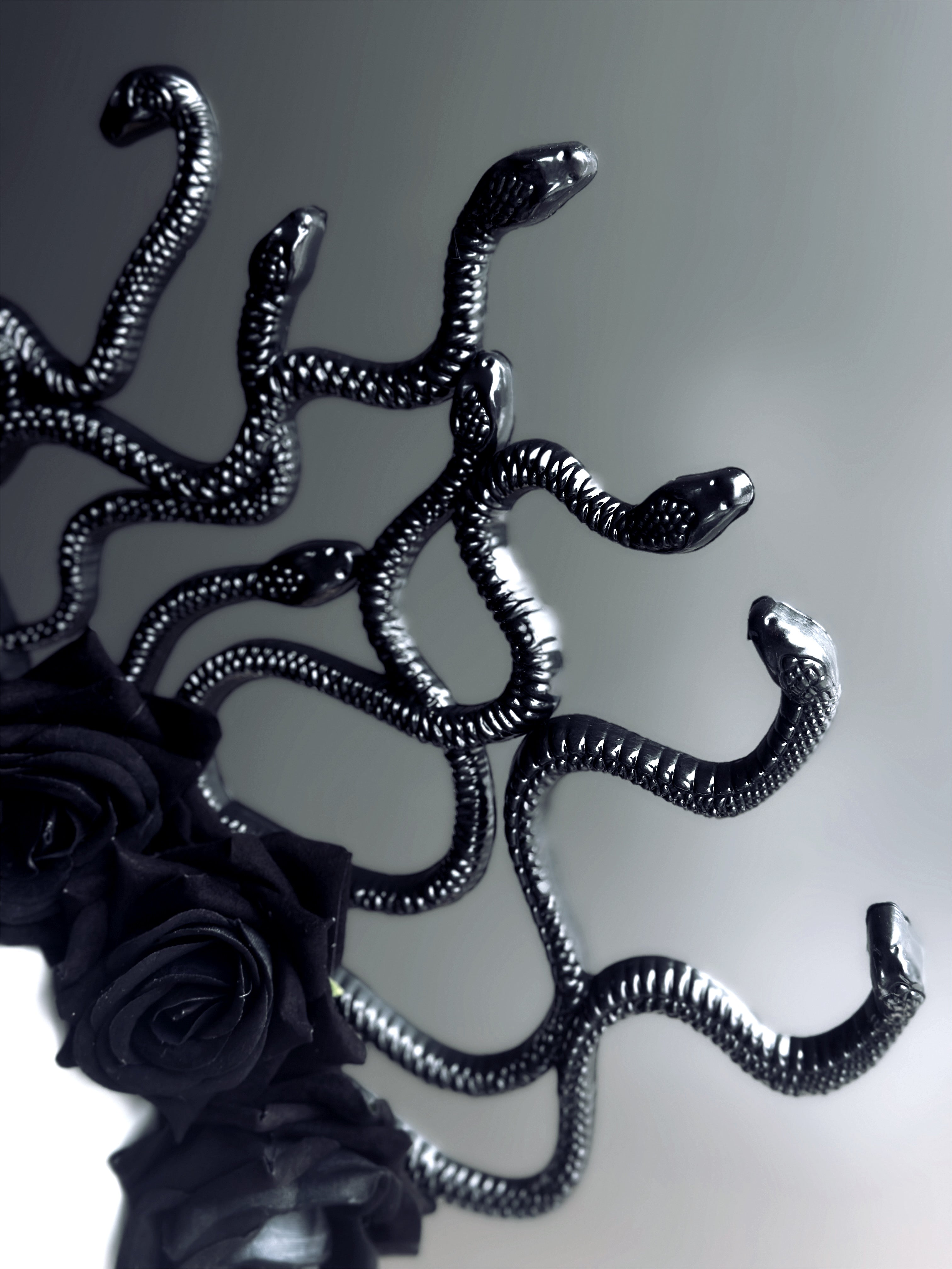 Antique Silver on Black Snakes Modest Medusa offers Headpiece Wrapped with Red Roses