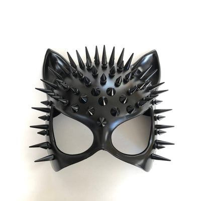 Women's black masquerade mask in a Cat Woman-inspired style with black spikes for sale.