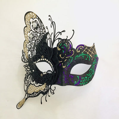 Women's metal butterfly masquerade mask Mardi Gras-themed with purple/gold/green shimmer.