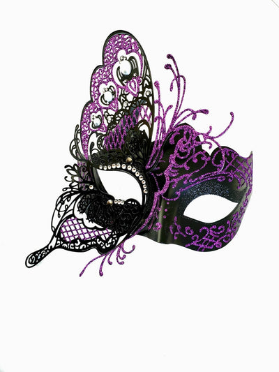 Women's masquerade mask with a metal butterfly over one eye, in black with purple shimmer.