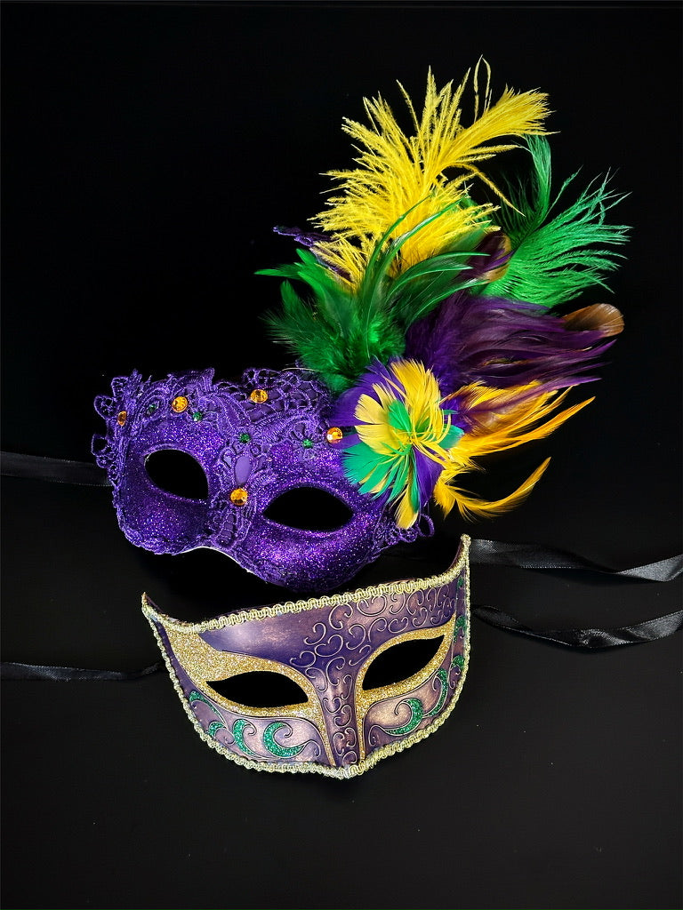 Mardi Gras couples mask set featuring purple, gold, and green designs with intricate details, bold feathers, and sparkling accents.