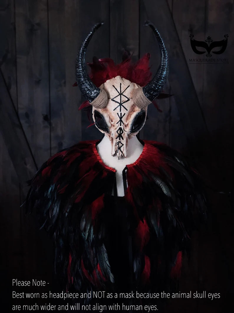 Ram horn headdress with runic symbols and a red-black feather cape, available separately or as a set.