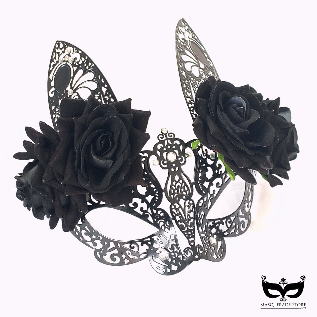 Black metal bunny masquerade mask with black roses and intricate filigree design