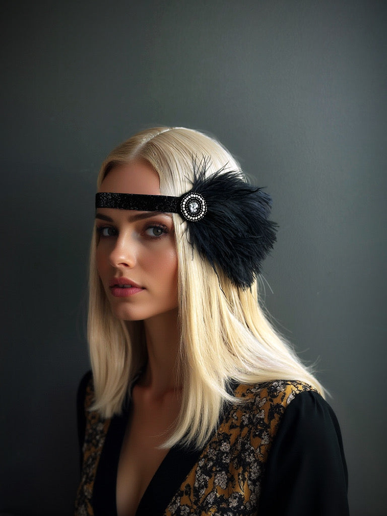 Black feather flapper headband with rhinestone accent, perfect for Gatsby-themed events and formal occasions.

