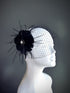 "Black feather fascinator with a rhinestone center and a delicate mesh veil, perfect for weddings and elegant events."

