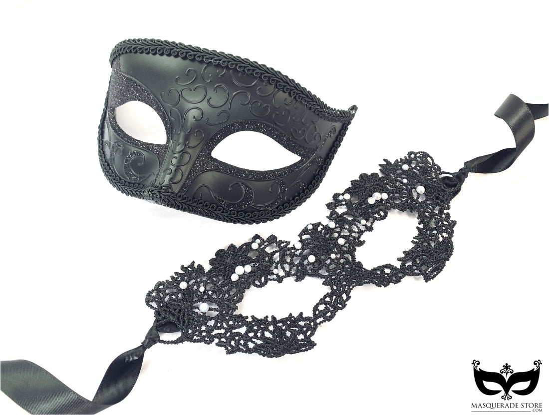 Black filigree and lace mask set with intricate detailing and pearl accents, ideal for events and parties.