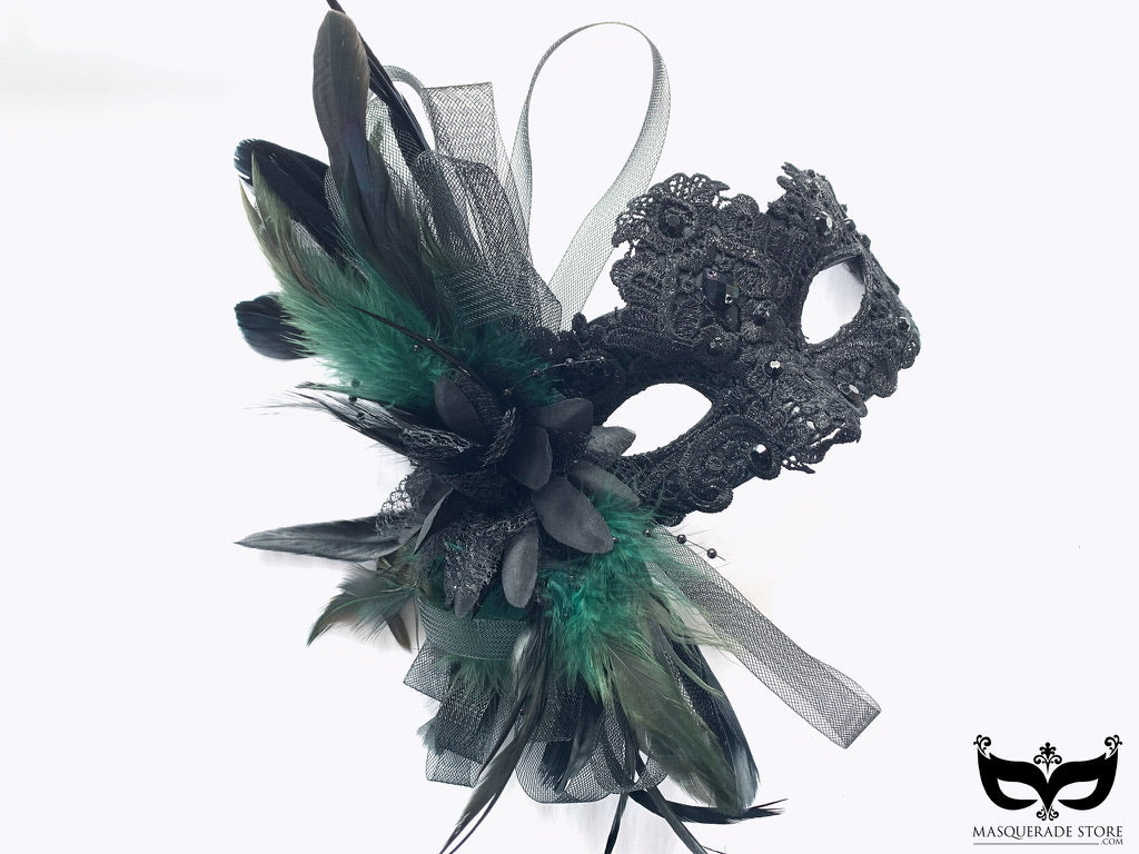 Black lace mask featuring sequins and vibrant green feathers, ideal for elegant masquerades and formal events.