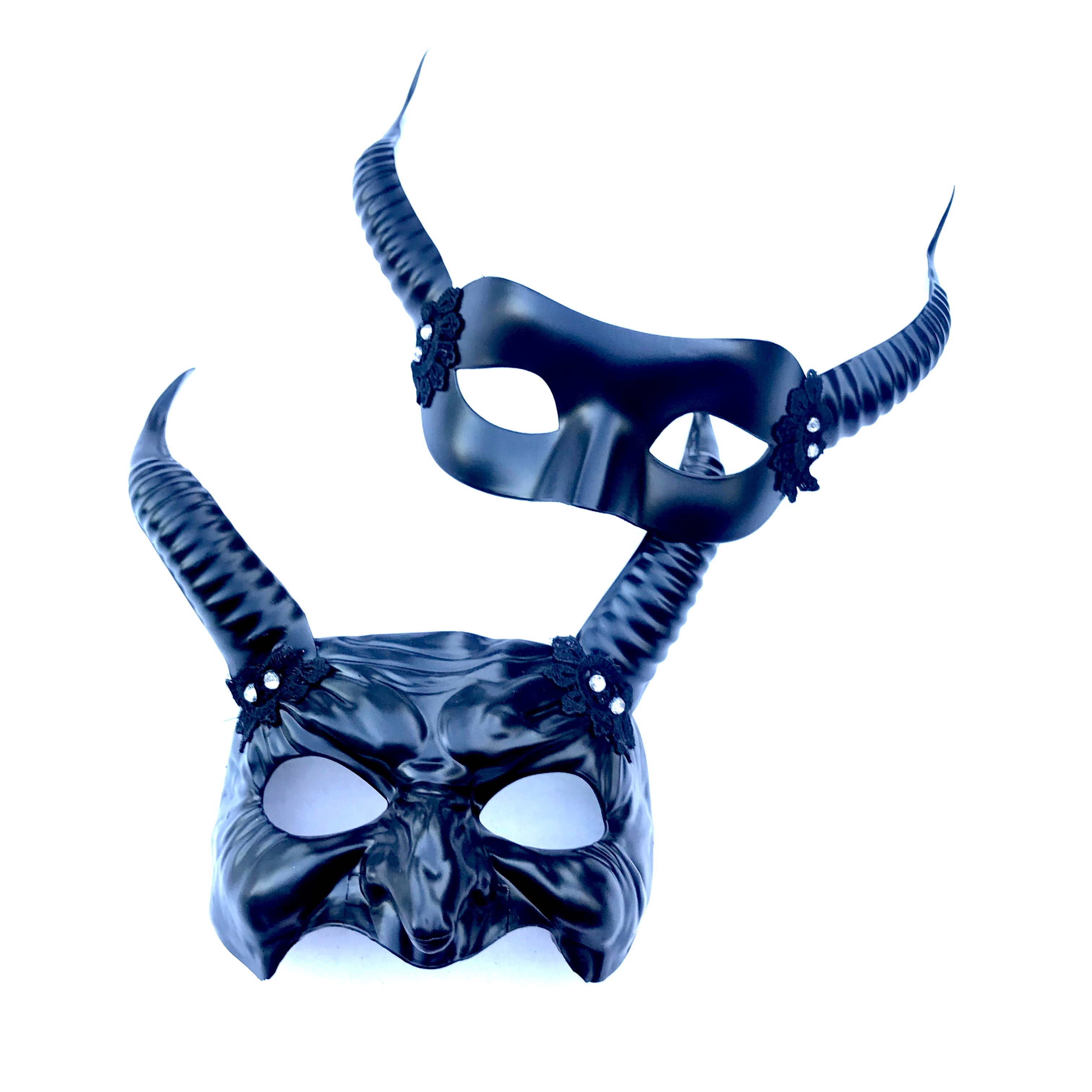 Black Malevolent Pair masquerade masks with twisted horns