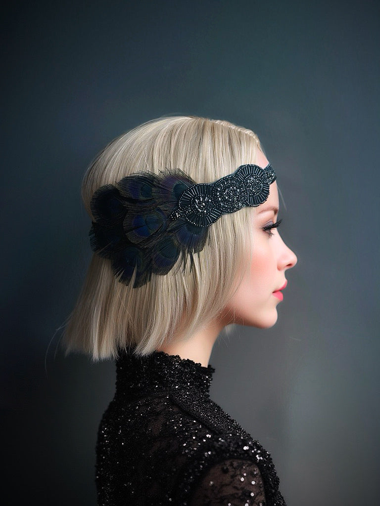 &quot;Black headband with iridescent peacock feathers and intricate beadwork, perfect for masquerade balls or Gatsby-themed events.&quot;

