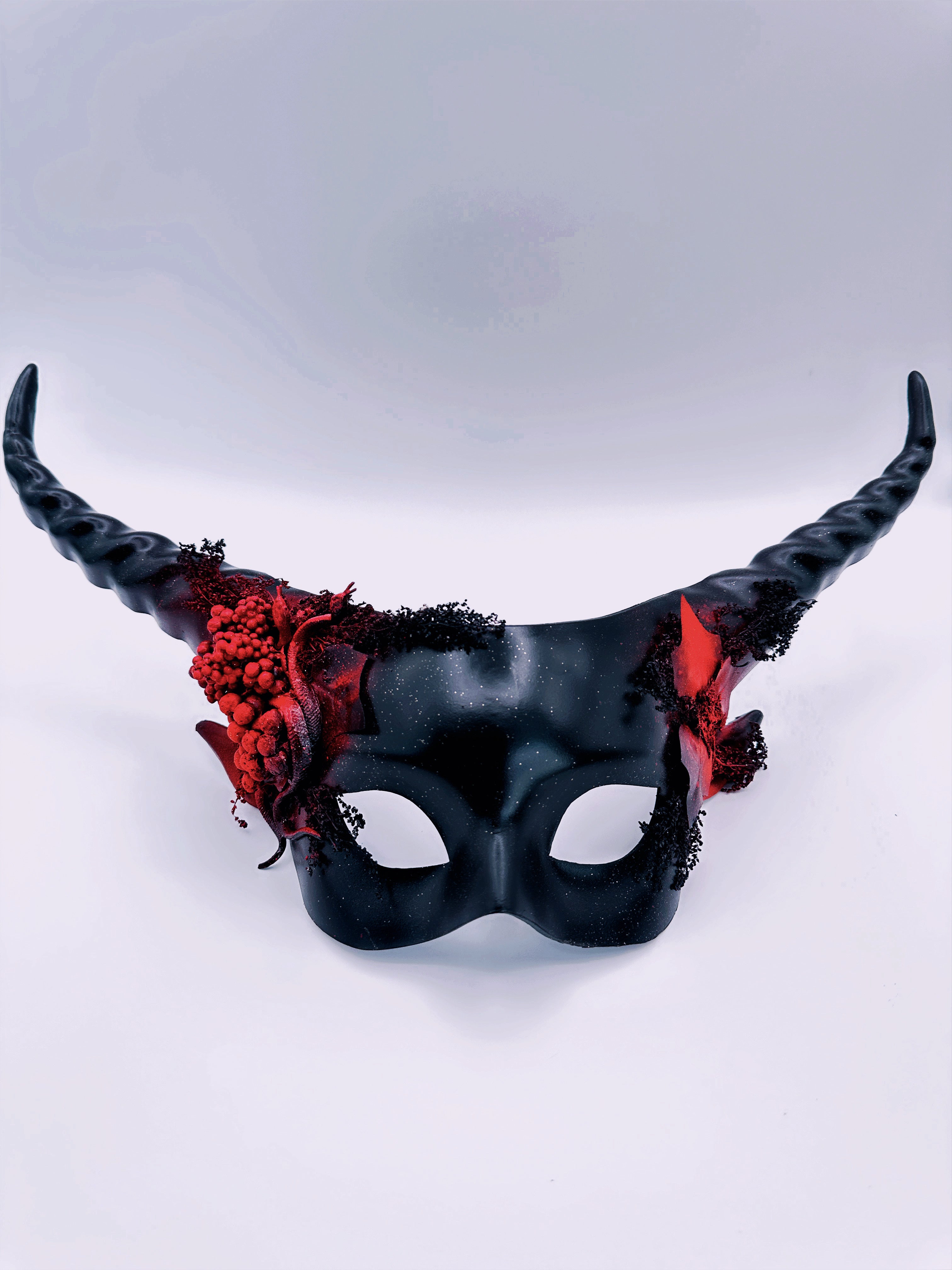 Black and Red Forest Sprite masquerade mask with natural embellishments