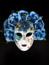 Blue floral mask with embroidered detailing, featuring blue roses and intricate designs, inspired by Venetian craftsmanship

