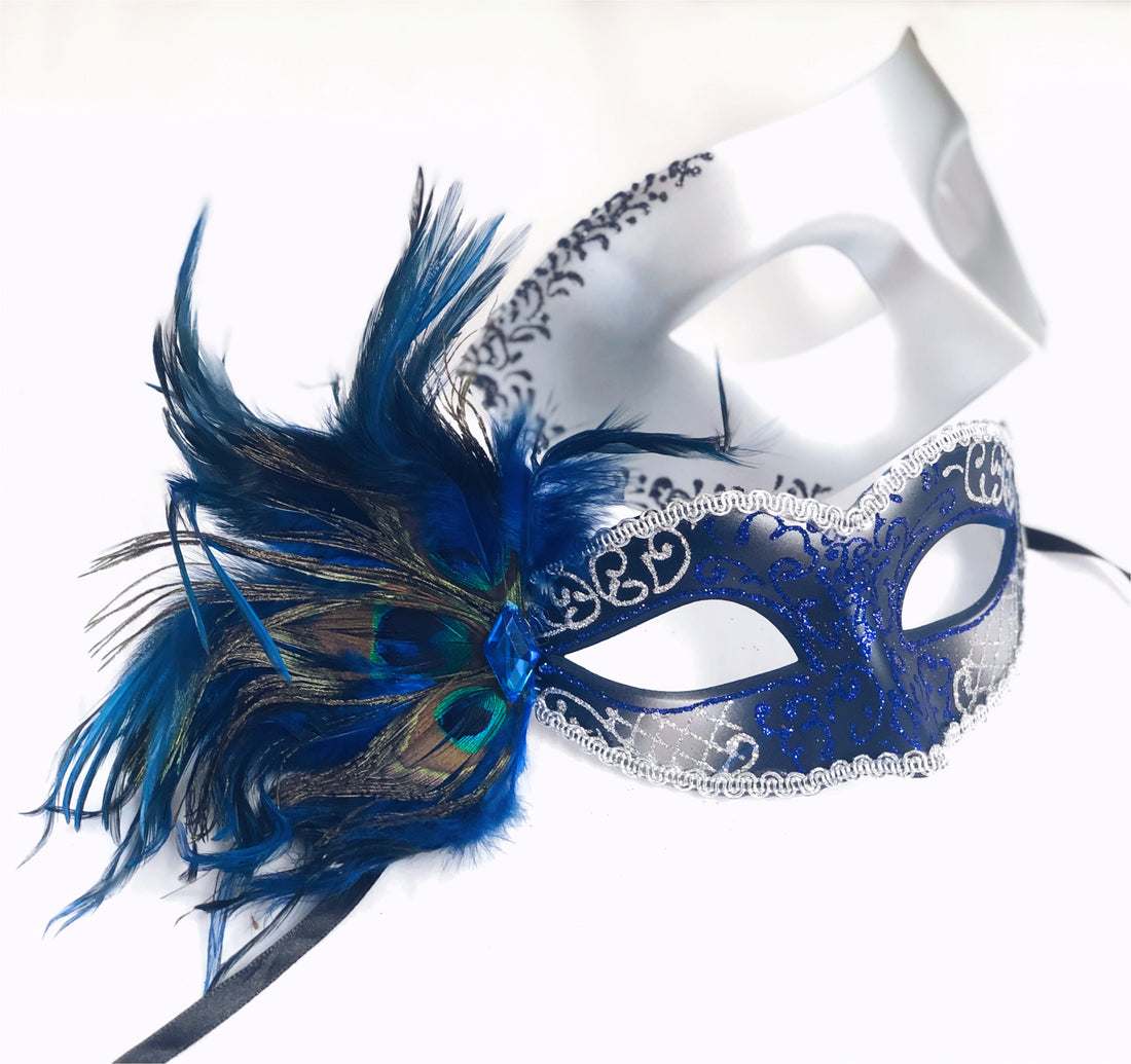 Silver and black couples masquerade mask set with peacock feather accents.