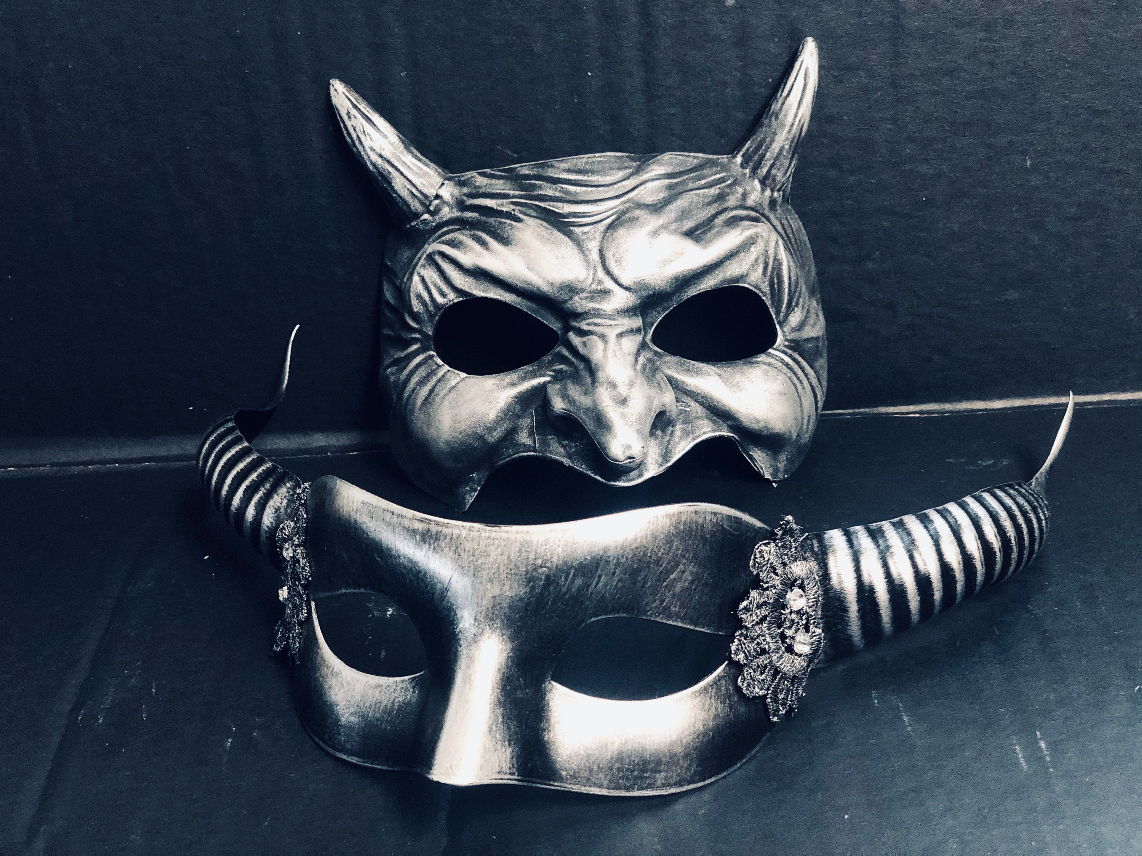 Couples set of Silver Horned masquerade masks