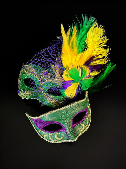 Mardi Gras couples mask set with glittering green, gold, and purple designs, accented by bold feathers and intricate detailing.