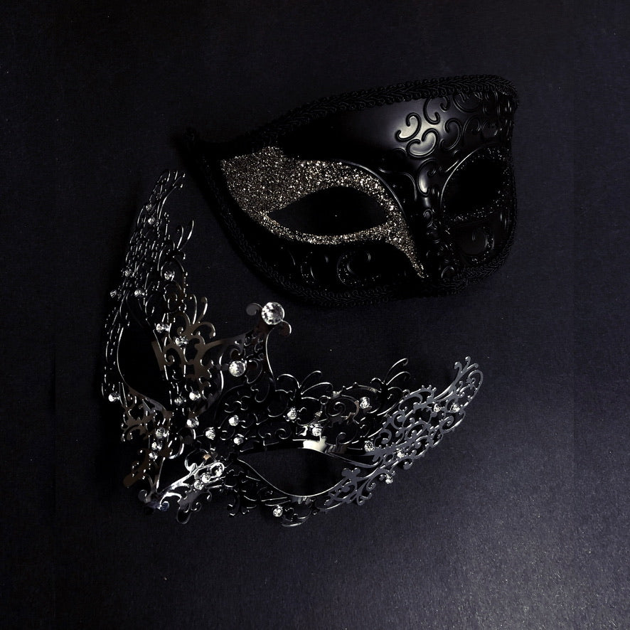 Black Venetian shimmer rhinestone masks featuring intricate details and a sophisticated shine, ideal for masquerades and formal occasions.