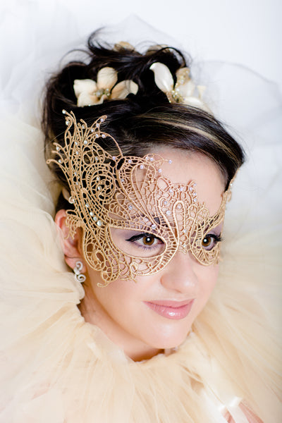 Luxury gold lace mask for women with studded details, ideal for masquerade balls, weddings, and glamorous events.