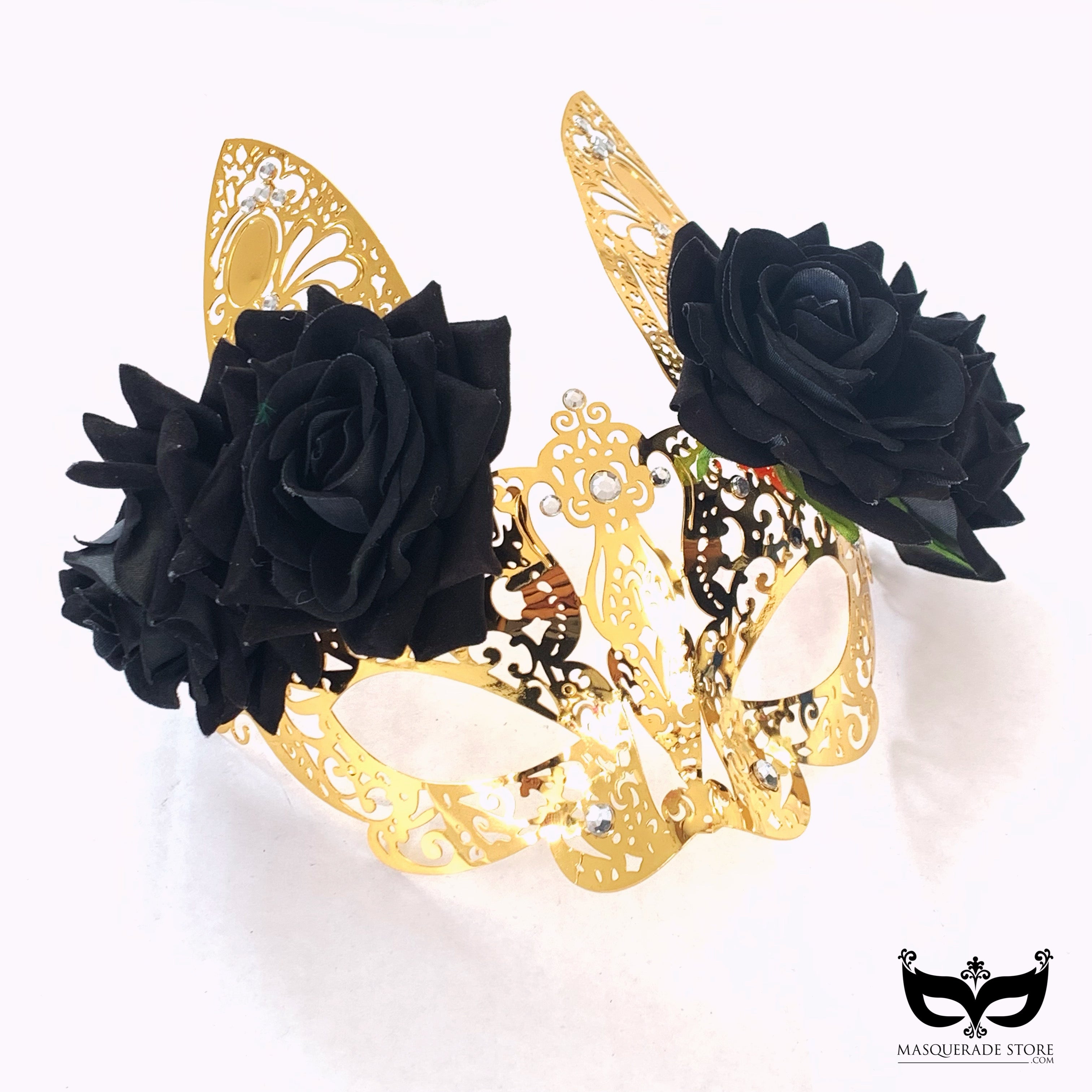 Gold metal bunny masquerade mask with black roses and intricate filigree design