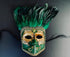 Green Bauta masquerade mask with gold detailing and vibrant green feathers, ideal for masquerade balls and themed events.