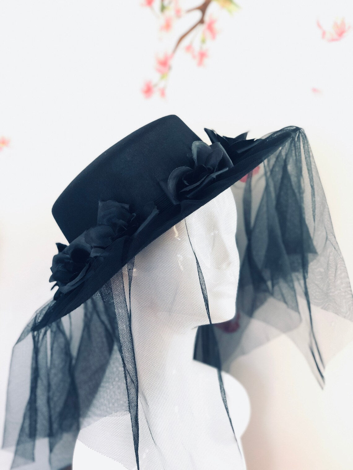 Halloween black plague hat with floral detailing and sheer veil