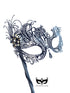 Handheld black metal masquerade mask with filigree and brooch