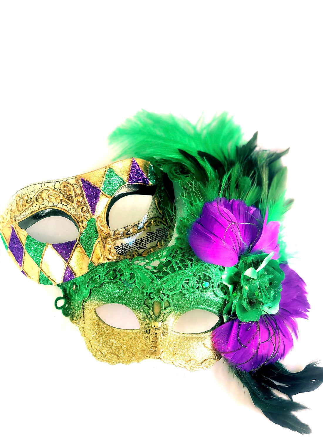 Mardi Gras couples mask set with green, gold, and purple designs, intricate lace, bold feathers, and harlequin detailing.