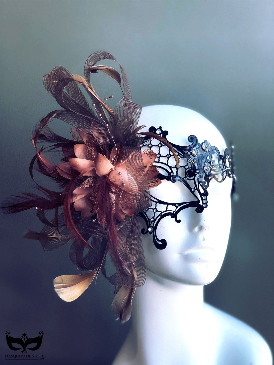 Black Phantom Mask - Brown Feathers