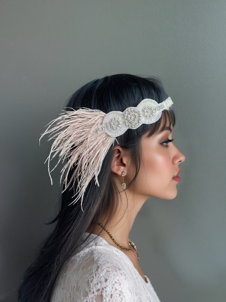 &quot;Ivory beaded headband with delicate floral patterns and soft cascading feathers, ideal for weddings and Gatsby-themed events.&quot;